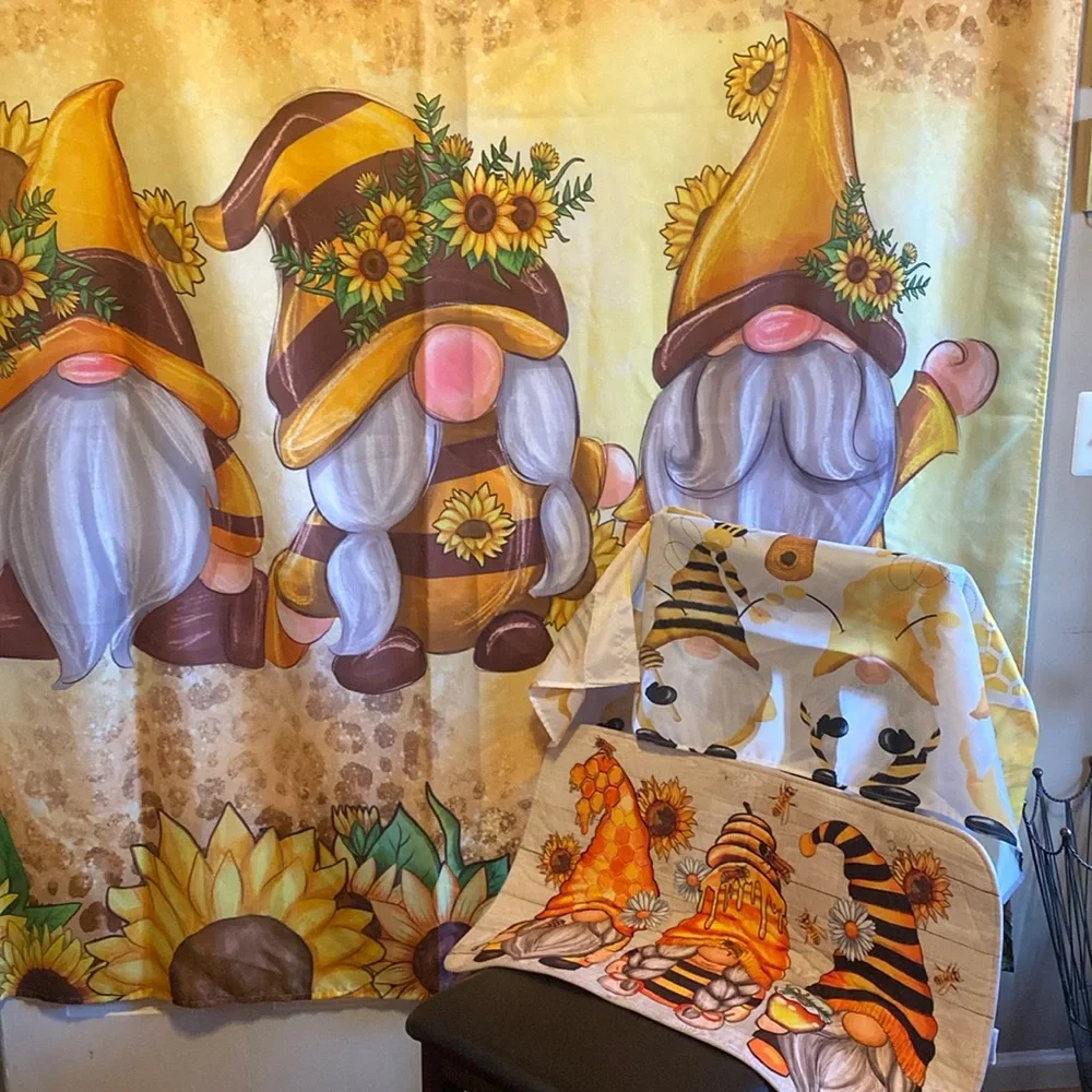 Sunflower fall gnomes bathroom set Shower curtain, window valance bath rug